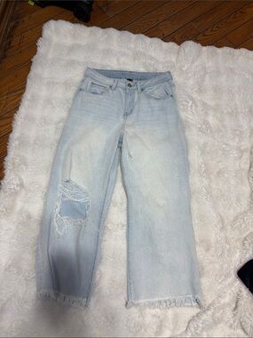 Light Blue Distressed Boyfriend Jeans - Casual Wide Leg